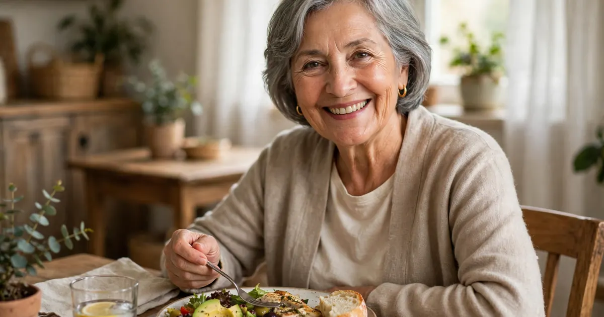 An older woman sitting at a dining table at home, enjoying lunch and smiling