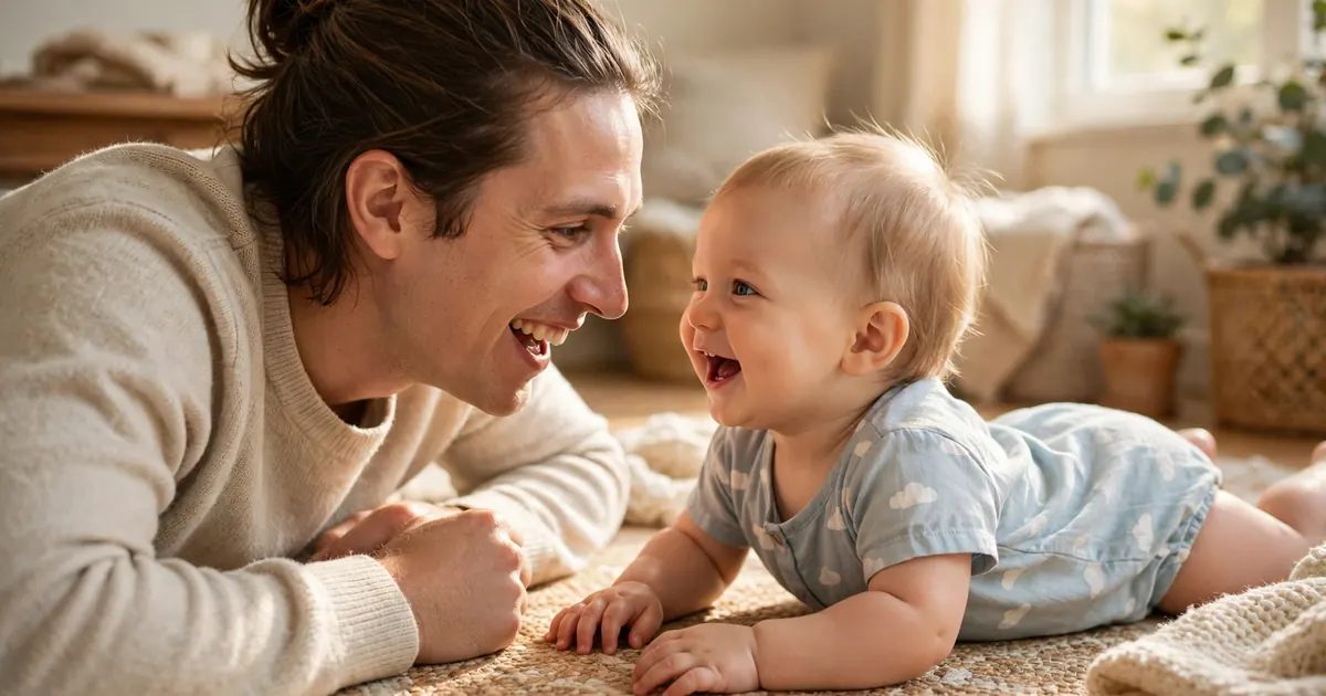 A parent lying on a rug at home face to face with their baby, smiling and copying the baby's babbling sounds
