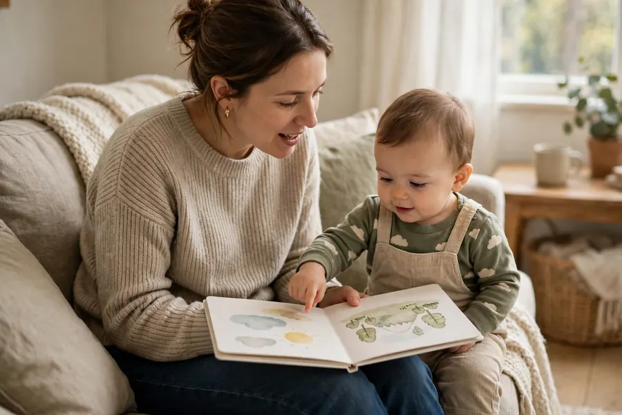 A parent and baby sitting together on a sofa sharing a picture book, the baby pointing at a picture as the parent talks