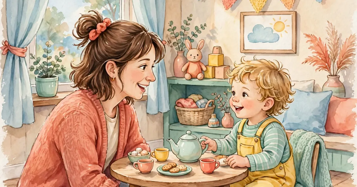 A parent and young child sitting together at a small table, chatting and smiling over a toy tea set