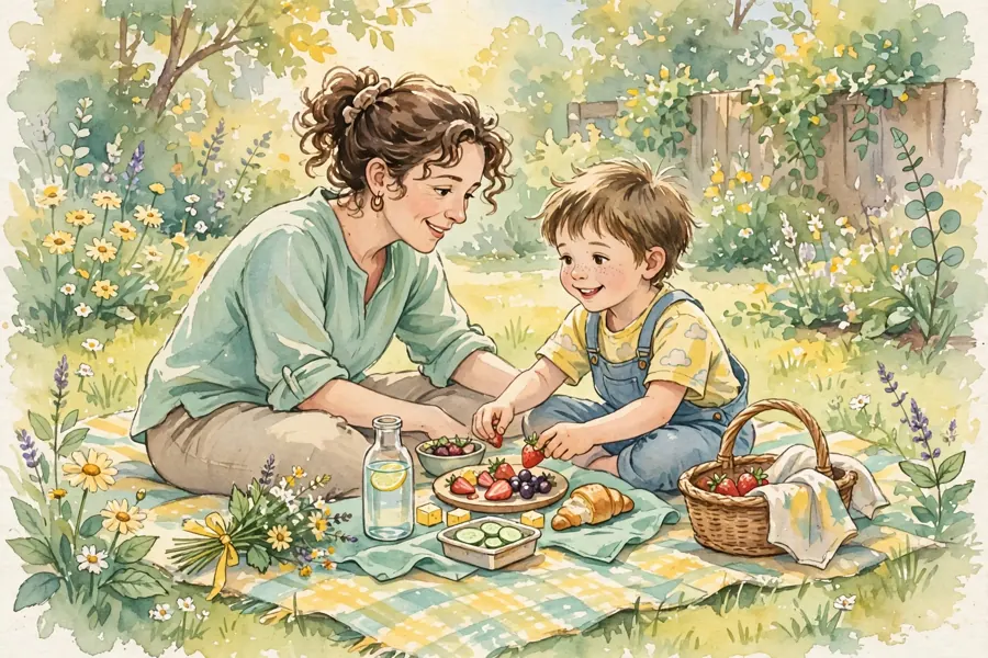 A parent and child enjoying a picnic snack together on a blanket in a garden