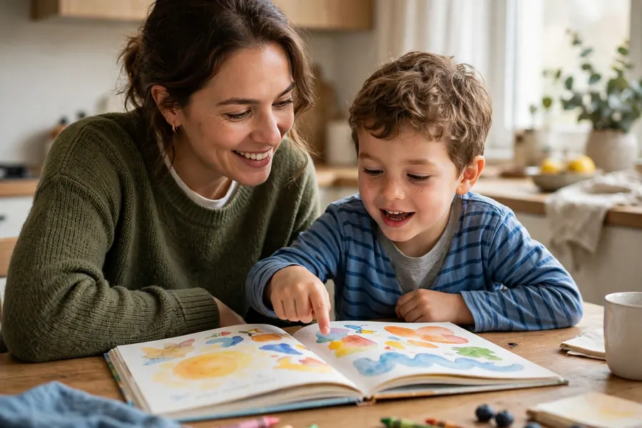 A parent and child sitting at a kitchen table naming pictures together in a colourful picture book