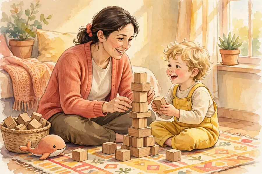 A parent and child building a tower together with wooden blocks on the floor