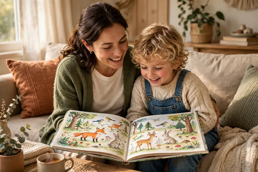 A parent and young child looking at a picture book together at home, talking and smiling