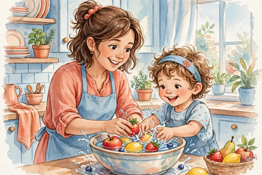 A parent and child preparing food together in a kitchen, washing fruit in a bowl