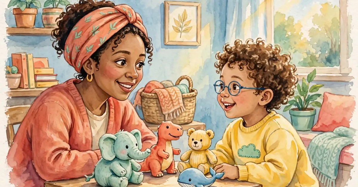 A parent and young child sitting face to face at a small table, smiling as they say words together during play