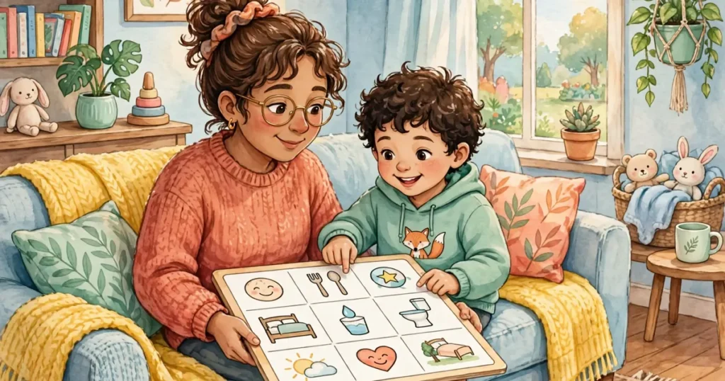 A parent and child sitting together at home, sharing a picture communication board and smiling at each other
