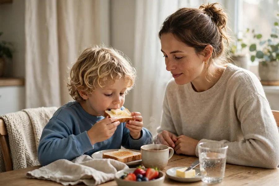 A parent and child sharing a quiet breakfast together at home, the child eating toast at their own pace