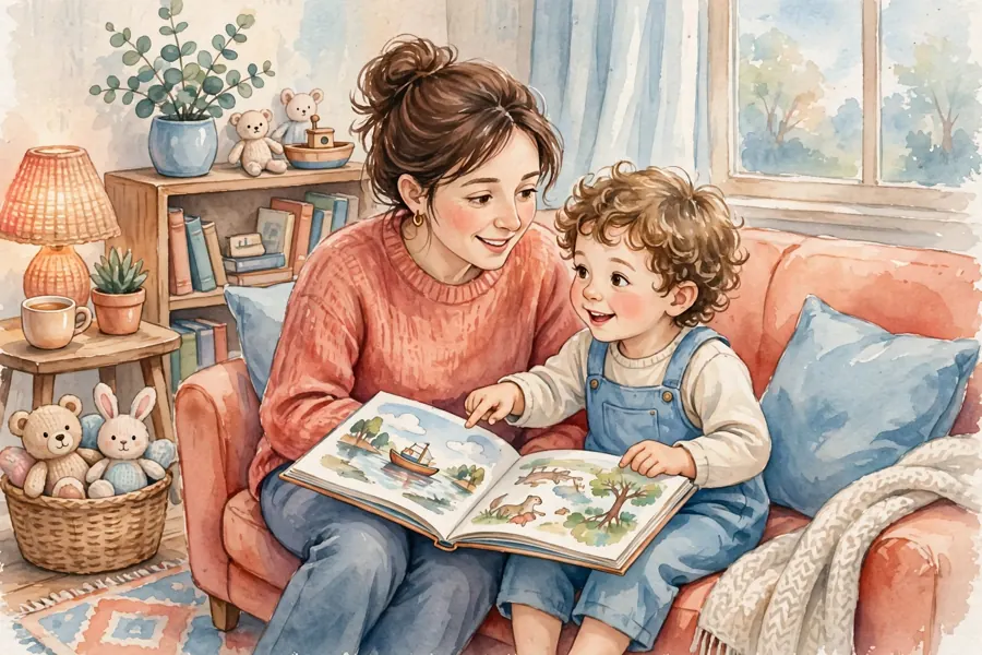 A parent and child sharing a storybook at home, pausing to chat about the pictures