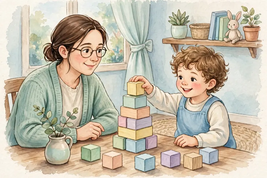A parent and child taking turns in a simple stacking game together at home