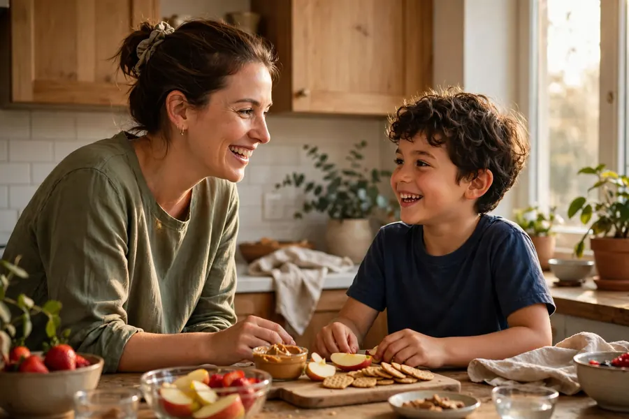 A parent and child chatting together happily in the kitchen while preparing a snack