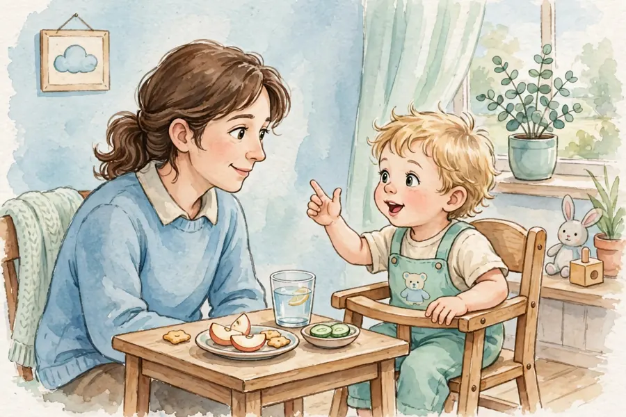 A parent and toddler chatting together during snack time at a small table at home