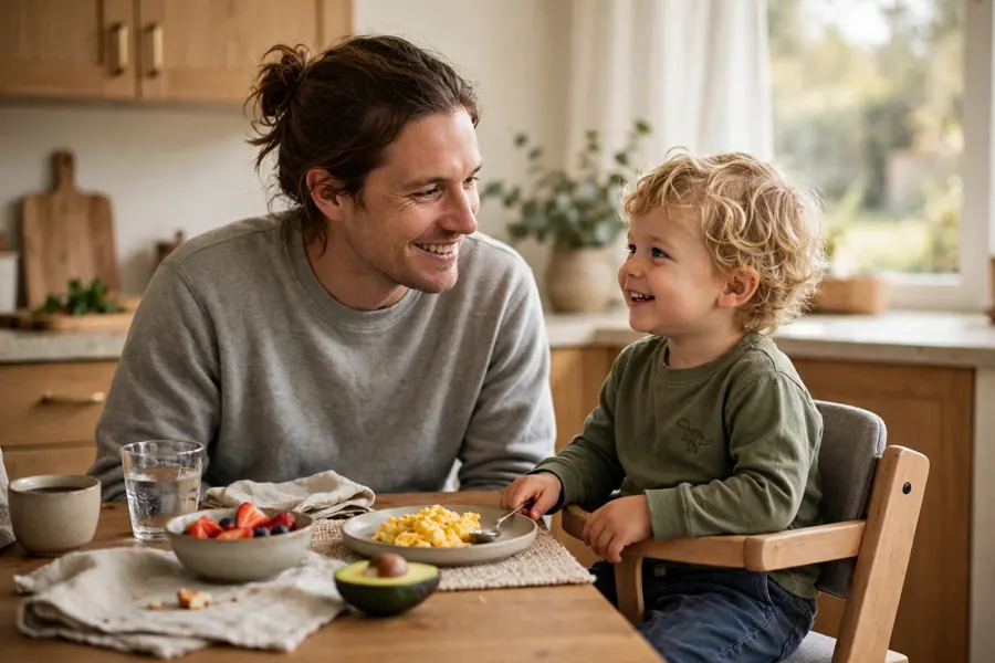 A parent and toddler sharing a relaxed breakfast together at a kitchen table at home