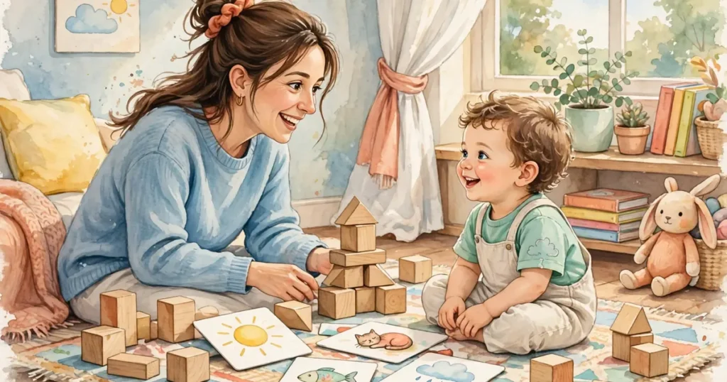 A parent and toddler sitting on a rug at home, playing with wooden blocks and talking together