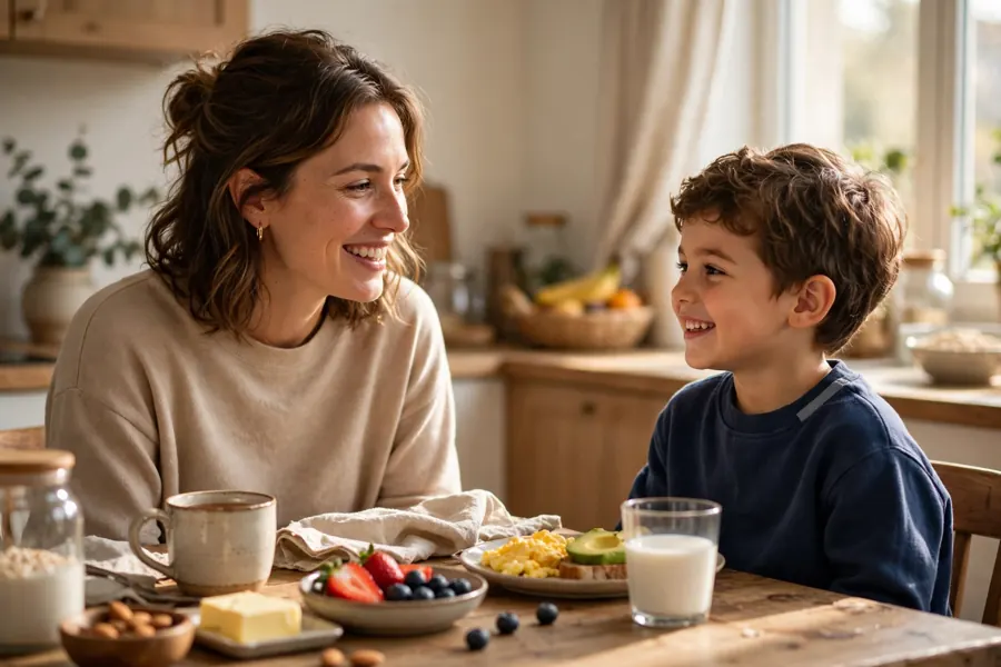 A parent and young child chatting together over breakfast at a kitchen table
