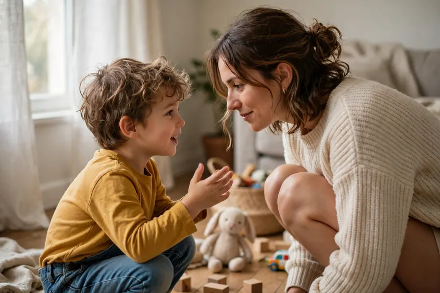A parent crouched down face to face with their young child during play, listening carefully as the child talks