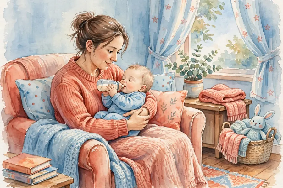 A parent holding a baby close and feeding them calmly in a cosy chair at home