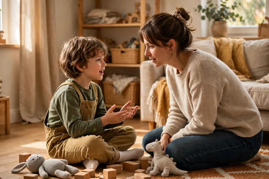 A parent kneeling at their child's level and listening closely as the child talks during play at home