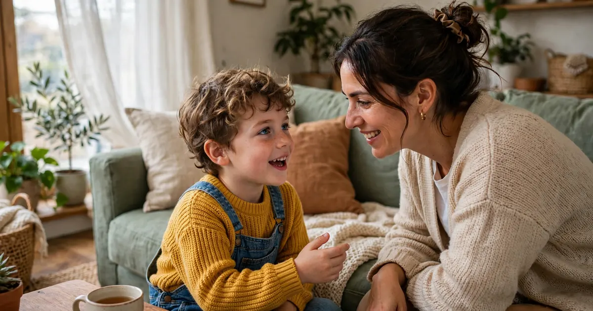 A young child chatting with their parent on a sofa at home, the parent leaning in and listening closely with a warm smile