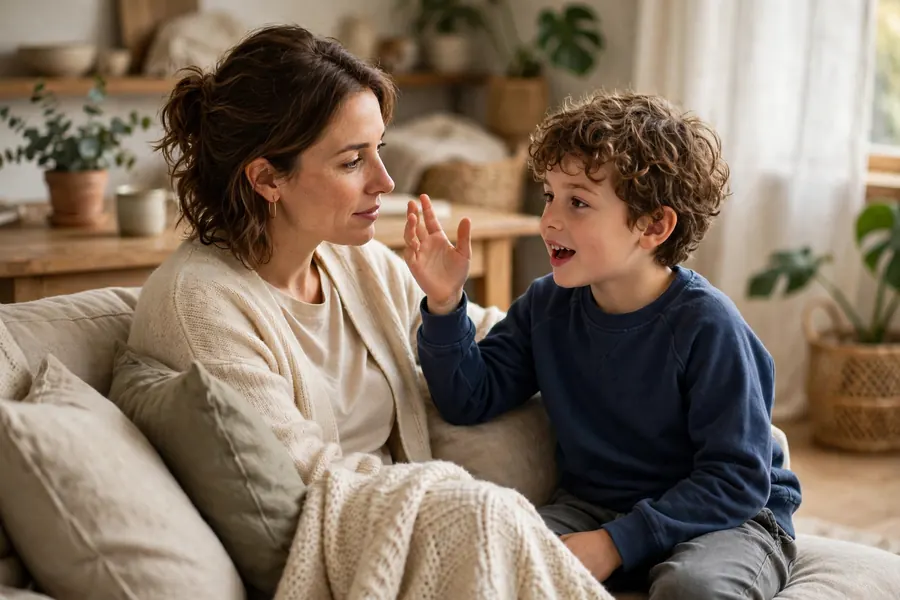 A parent listening closely while their child tells a story on the sofa at home