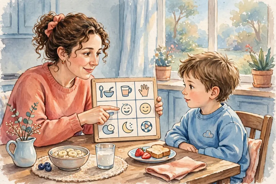 A parent pointing to a picture on a communication board while sharing breakfast with their child