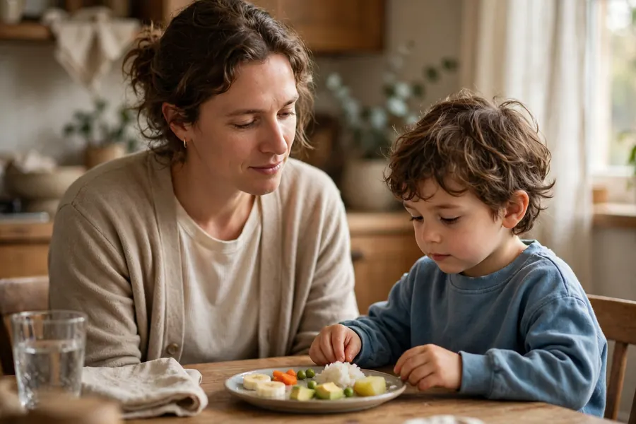 A parent sitting beside a child at a table at home, offering a small plate with tiny tastes of different foods