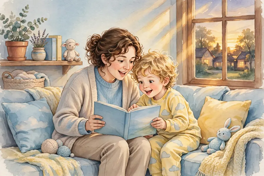 A parent reading a picture book aloud while a child listens and joins in with the words