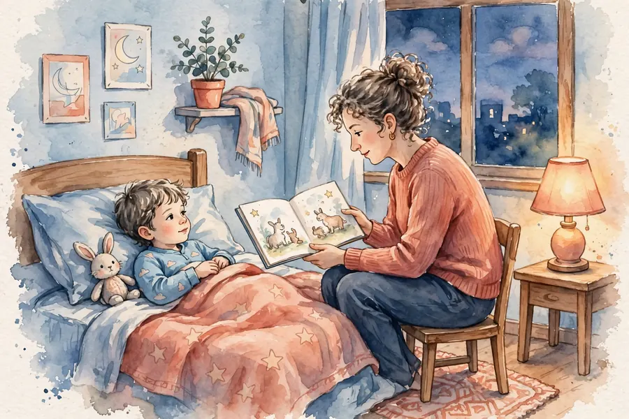 A parent reading a bedtime story aloud to a child tucked up in bed