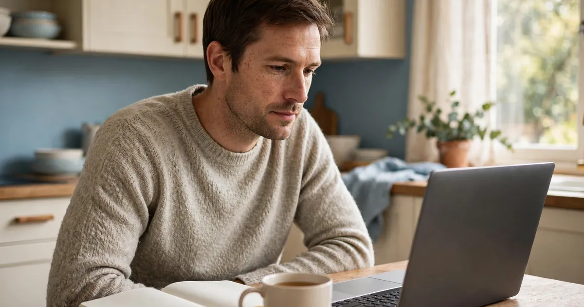 A parent sitting at a table at home with a laptop, finding out about speech and language therapy