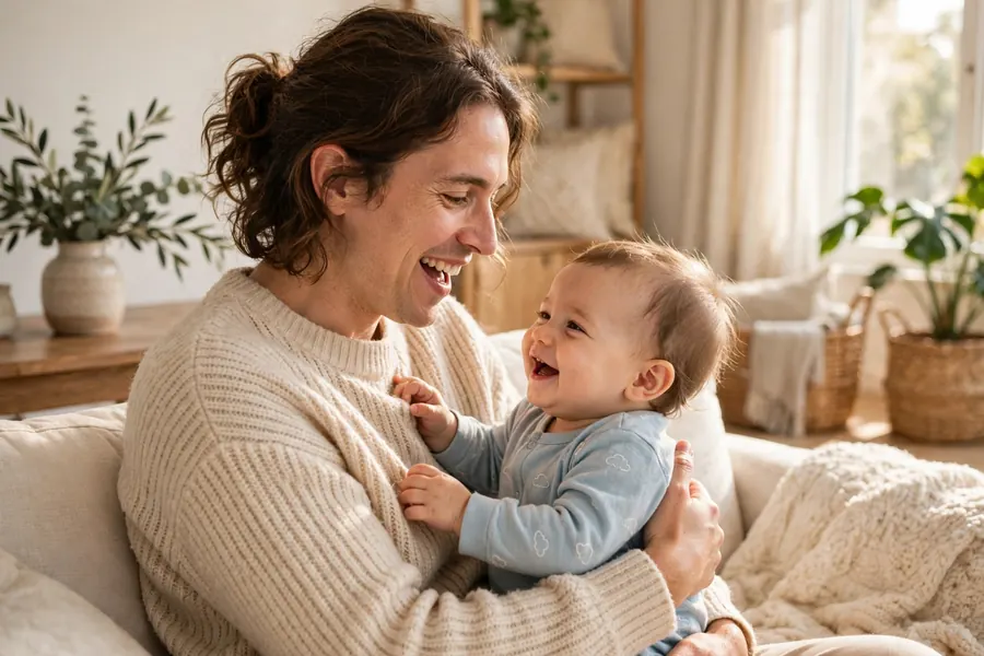 A parent holding their baby on their lap and singing a nursery rhyme together in a bright living room