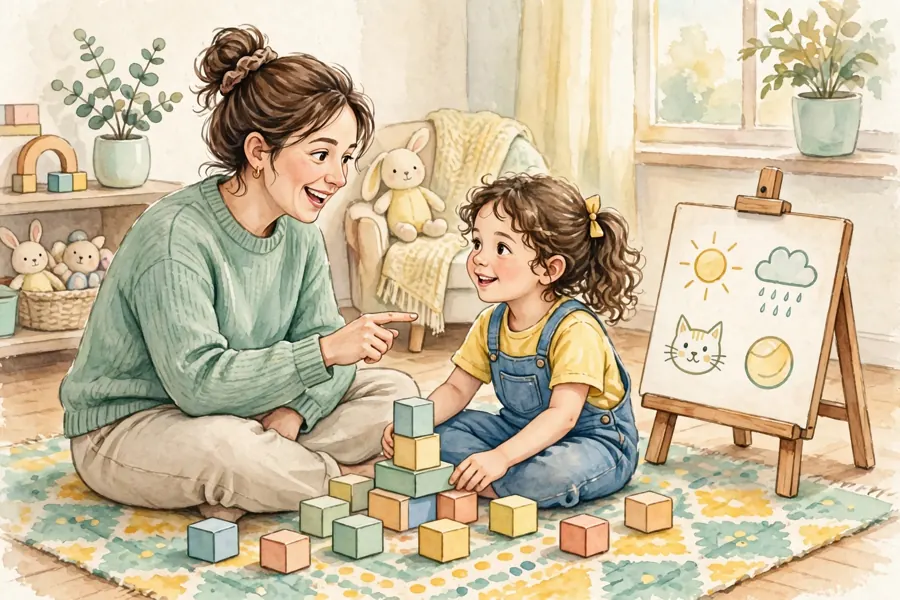 A parent pointing to a picture on a communication board while playing on the floor with their child
