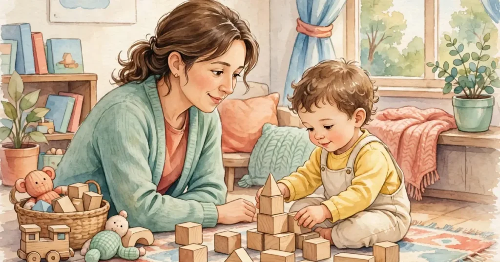 A parent sitting on a rug at home, watching and smiling as their toddler plays with wooden blocks
