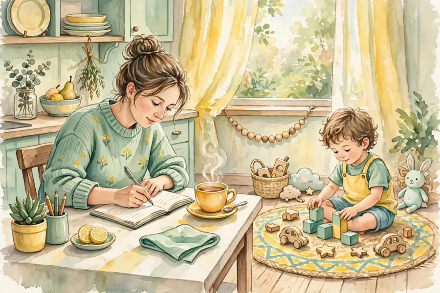 A parent writing simple notes in a notebook at the kitchen table while their child plays happily nearby