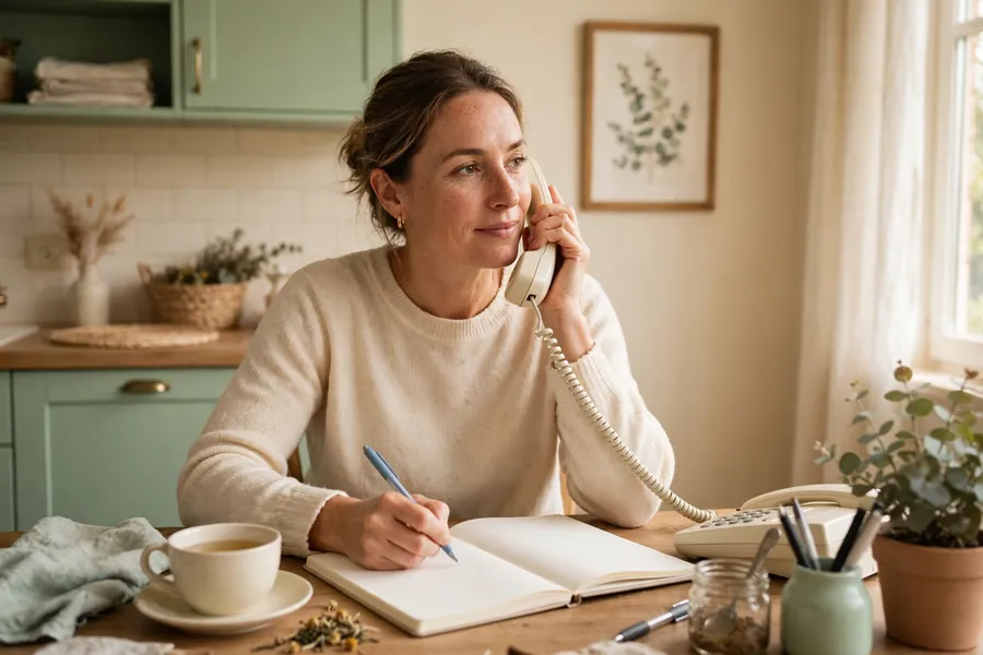 A parent writing questions in a notebook while talking on the telephone at home