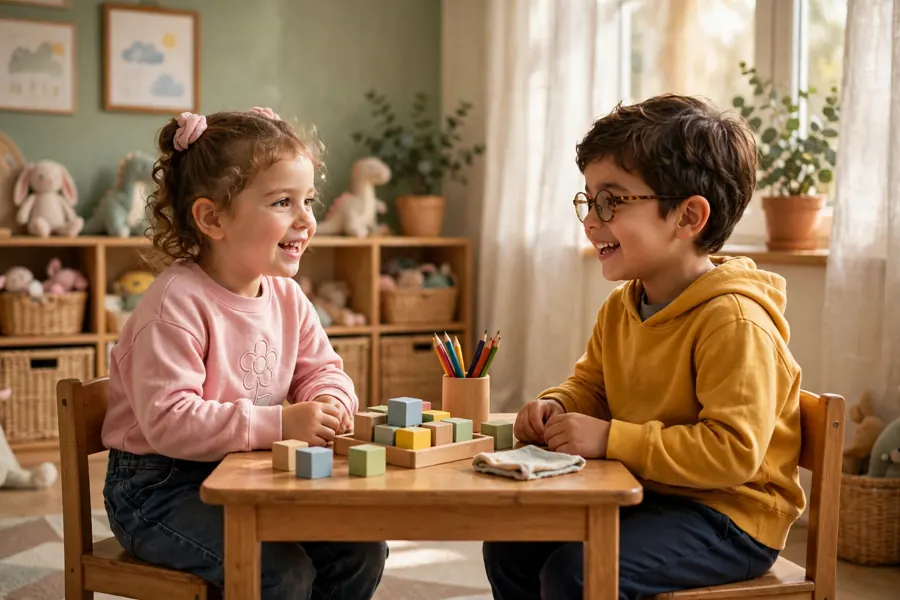 A preschool child chatting with a friend at a small table during playtime