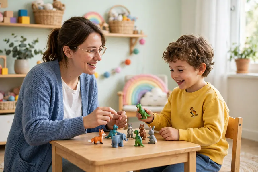 A speech and language therapist and a young child playing a playful talking game with toy figures at a table