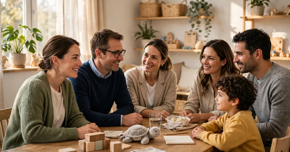 A speech and language therapist and colleagues talking with a family around a table in a bright room