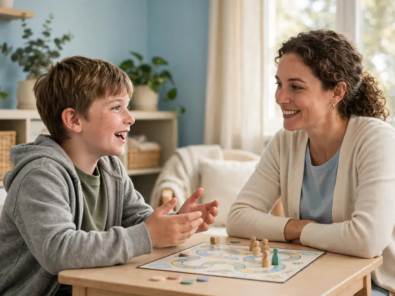 A school-age child talking with a speech therapist over a board game