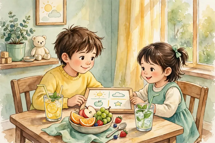 Two siblings sharing a snack at home with a communication board between them on the table