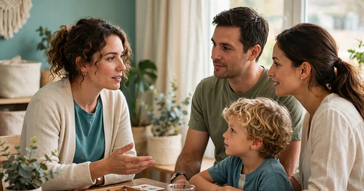 A speech and language therapist sitting at a table with a family, talking together in a bright room