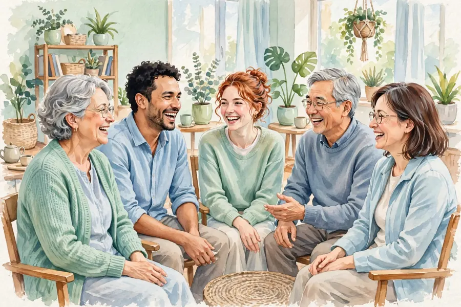A small group of adults sitting in a circle of chairs, chatting and smiling together