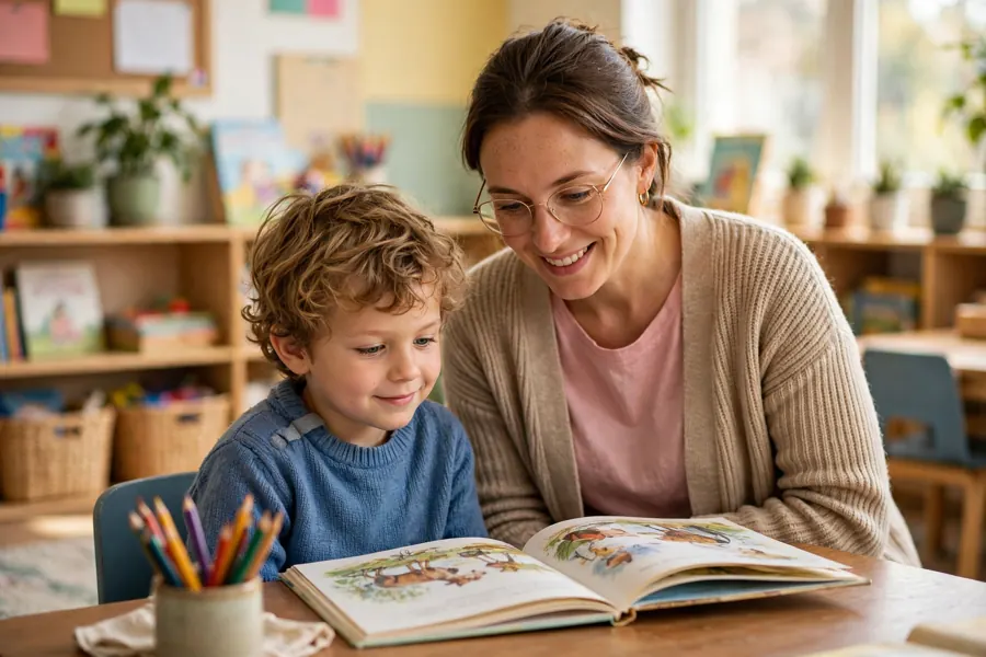 A teacher sitting with a young child in a classroom, looking at a picture book together