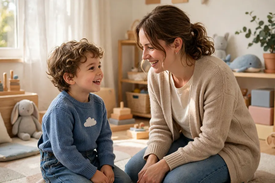 A nursery teacher kneeling down to a young child's level and listening attentively as the child talks