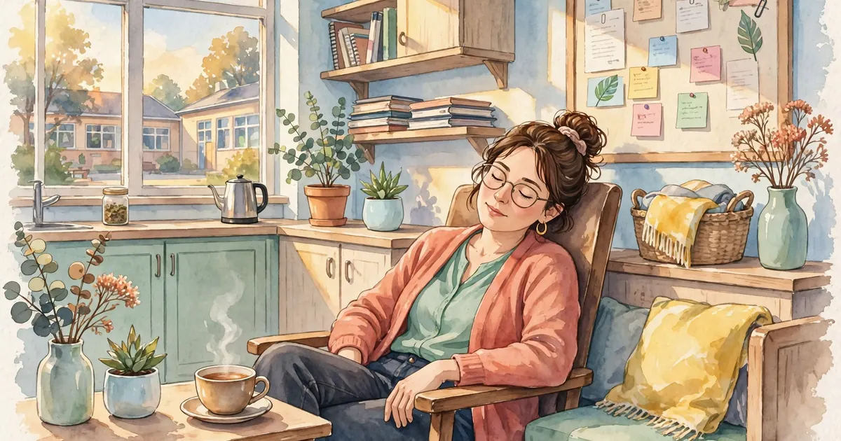 A teacher sitting in a staffroom with a cup of tea, resting her voice after a day of teaching