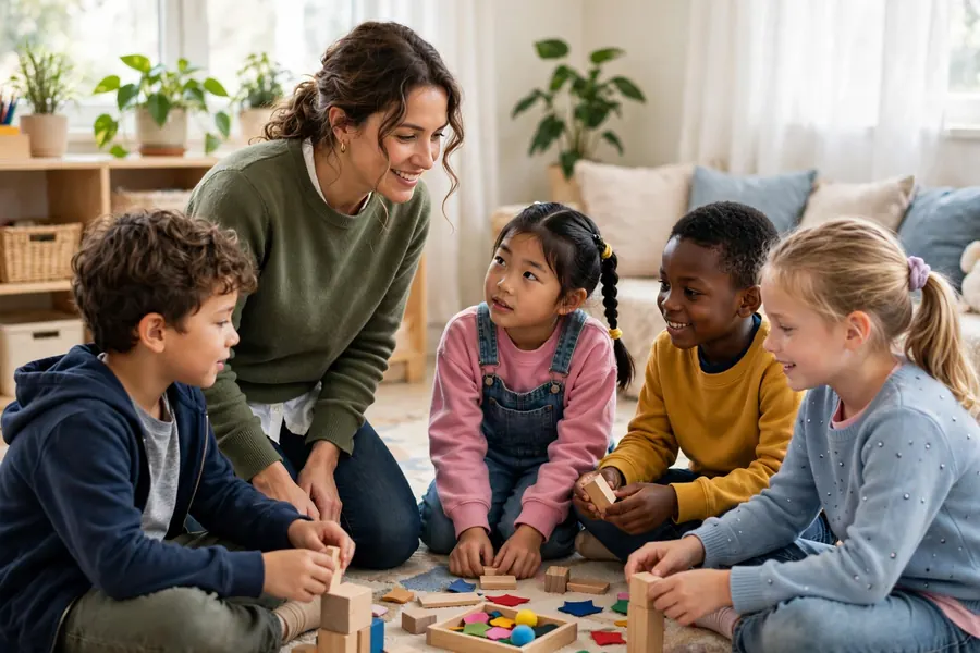 A teacher talking with a small group of children in a bright classroom
