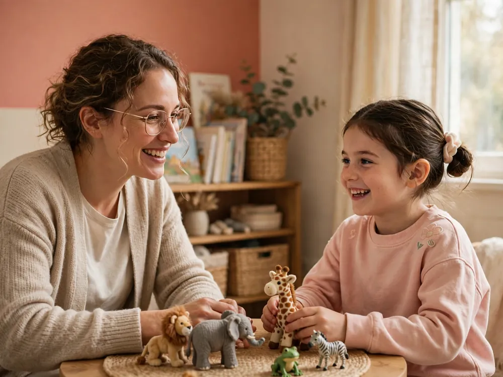 A speech therapist playing with a young child during a therapy session
