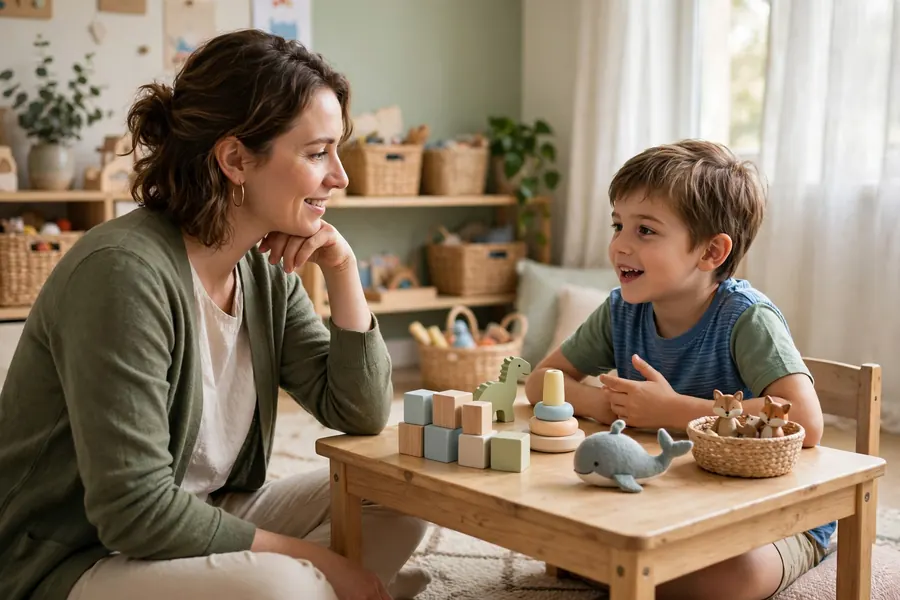 A speech and language therapist listening warmly to a young child talking during a play-based session at a small table