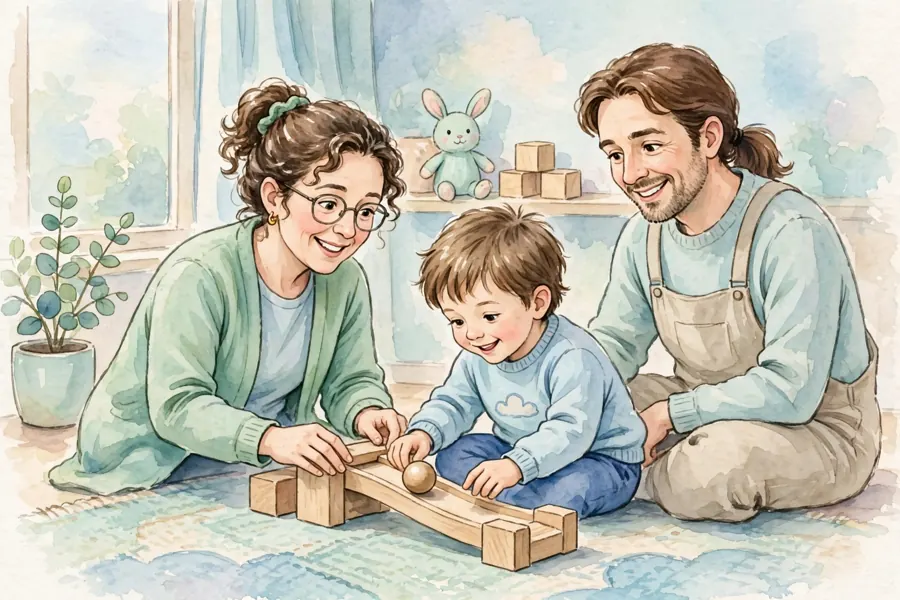 A speech and language therapist playing a simple game with a child while the parent watches nearby