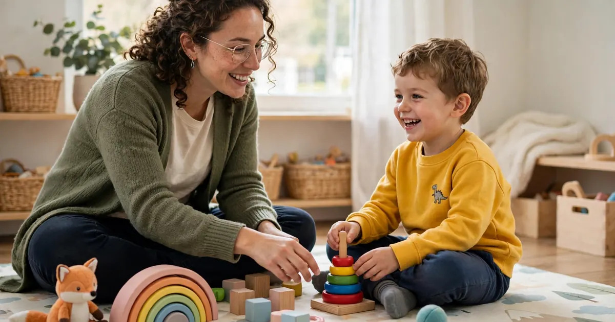 A speech and language therapist sitting on the floor playing with a smiling young child and simple toys in a bright room