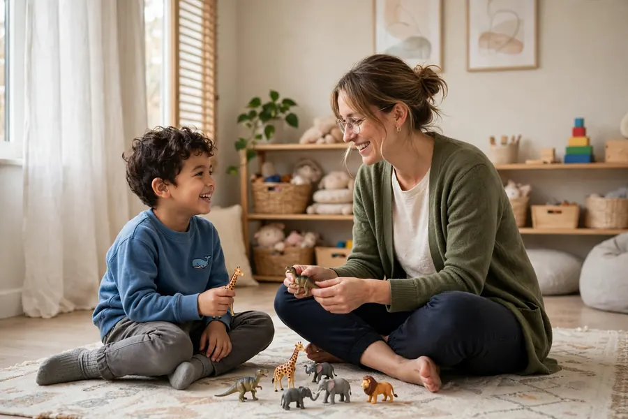 A speech and language therapist playing with toy figures alongside a child during a relaxed session